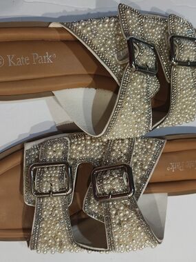Kate Park Pearl-Embellished Cream Buckle Slide Mules